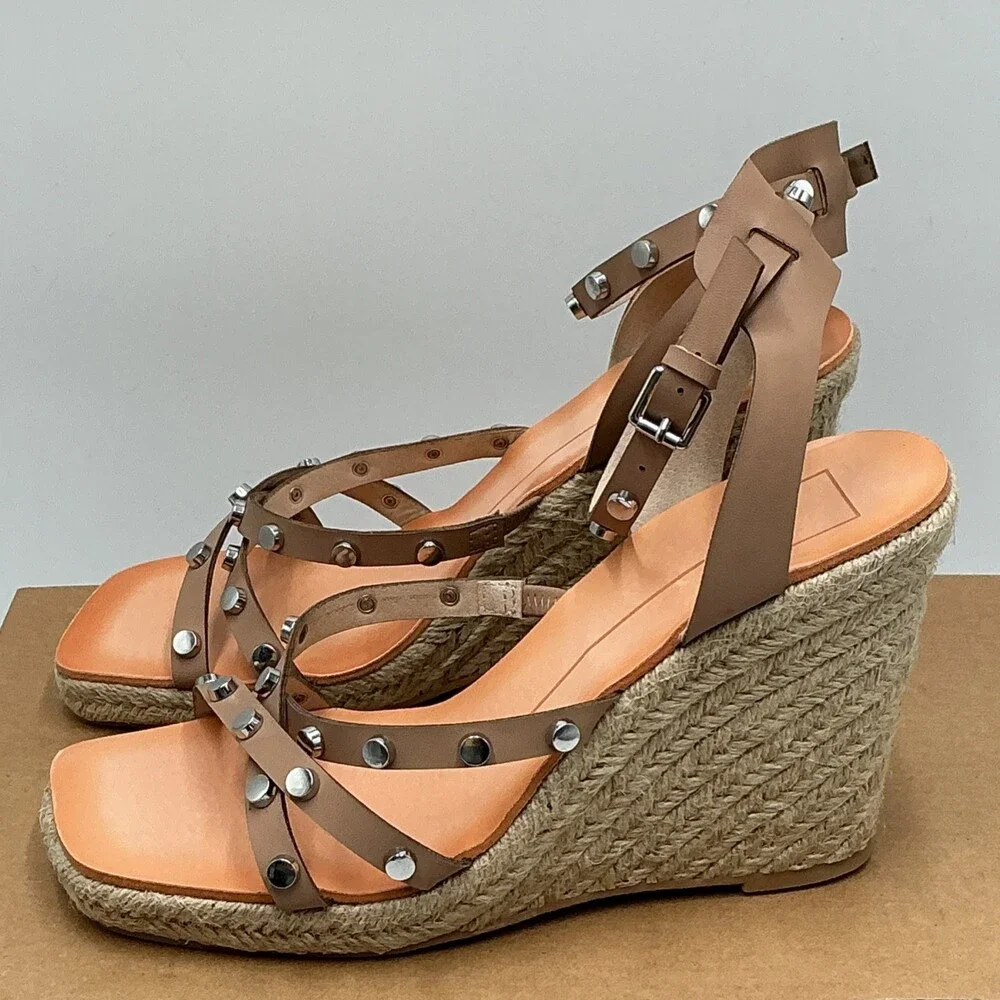 Dolce Vita Marika Sandals Womens 8 Natural Studded Wedge Heel Espadrille Eby4459